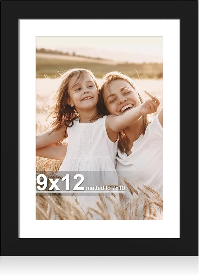 9x12 Picture Frame with Glass, Display Pictures 7x10 with Mat or 9 x 12 without Mat - Wall and Tabletop, 9 by 12 Photo Wooden Frames (Black, 1 Pack)