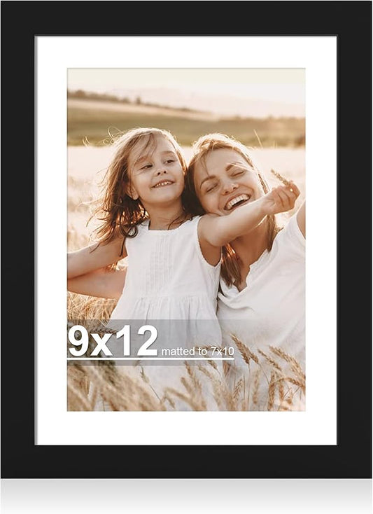 9x12 Picture Frame with Glass, Display Pictures 7x10 with Mat or 9 x 12 without Mat - Wall and Tabletop, 9 by 12 Photo Wooden Frames (Black, 1 Pack)