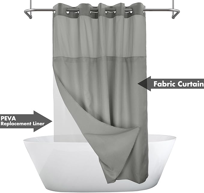No Hook Slub Textured Shower Curtain with Waterproof PEVA Liner Set - 71" x 74"(72"), Hotel Style with See Through Top Window, Fabric Curtain & Waterproof Liner for Bathroom, Dark Gray, 71x74