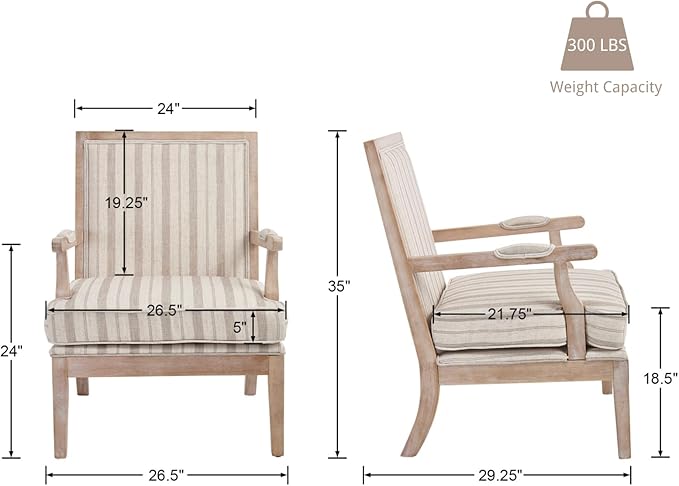chairus Farmhouse Linen Accent Chair Set of 2, Upholstered Reading Chair with Solid Wood Frame Lounge Arm Chair with High Back for Living Room, Reception Room, Waiting Room, Khaki Stripe