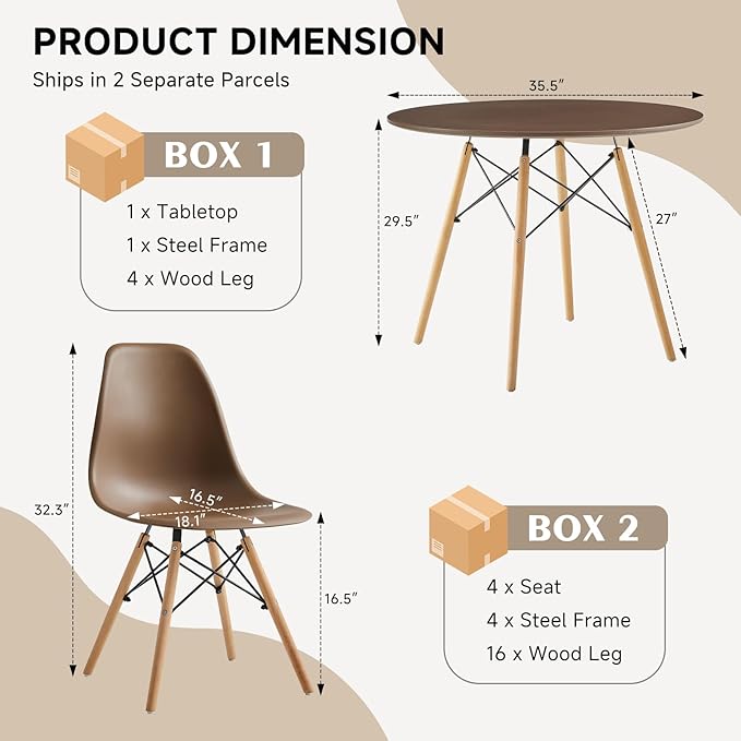 35.5'' 5 Piece Round Dining Table Set for 4, Mid-Century Modern Table with Chairs, Space Saving, Plastic Seats, Wood Legs, Circle Dinner Table for Kitchen, Home, Apartment, Brown