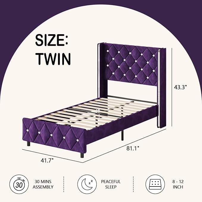 HOMBCK Twin Bed Frames, Upholstered Platform Bed with Diamond Tufted Headboard, Modern Velvet Bed Frame with Wingback Design, No Box Spring Needed, Easy Assembly, Purple