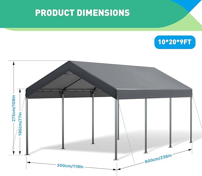 10x20FT Carport, Car Canopy, Portable Garage, Easy to Assemble, Carport Canopy 10x20FT Heavy Duty for Car, Bike, Boat, Party (Gray)