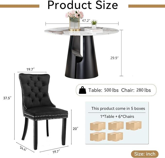7-Piece Faux Marble Round Dining Table Set for 6, Modern Luxury Kitchen Table Set for 6 with Black Tufted Chairs,Circle Dining Tables with Pandora Grain Top and Black Pedestal Base