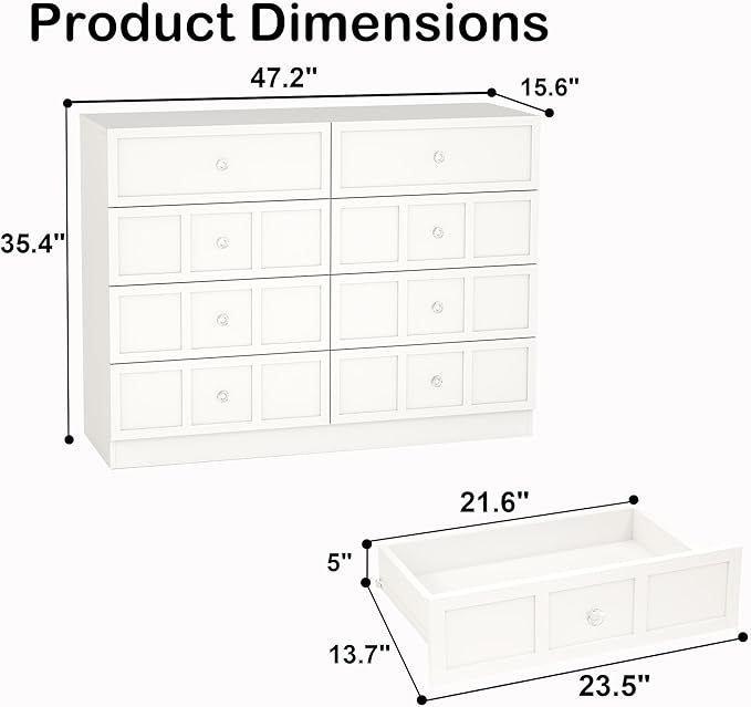8 Drawer Dresser for Bedroom: 47" Fluted White Dresser Deep Drawers, Modern Chest of Drawers for Bedroom, Fluted Wood Dressers for Living Room, Hallway