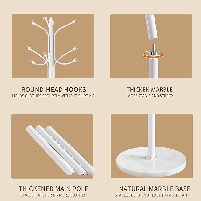Metal Coat Rack Stand, Modern Freestanding Coat Rack with Natural Marble Base, White Coat Racks and Coat Hall Tree Hanger Stand with 12 Hooks for Entryway, Hallway, Office