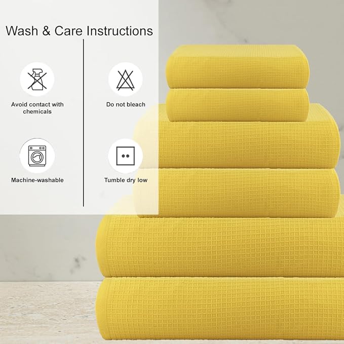 CASA COPENHAGEN Waffle Towel, 6Pieces 100% Cotton Large Towel Set- Butter Yellow, 2Bath 2Hand 2Washcloths Instant Absorb and Dry, Soft Strong Towels for Hotel Spa Kitchen Bathroom & Shower
