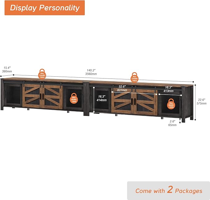 WAMPAT Farmhouse TV Stand for 100 Inch TV with Sliding Barn Door, Set of Two Modern Wood Entertainment Center with Storage Cabinets, Media Console Table for Living Room Bedroom，Dark Walnut and Black