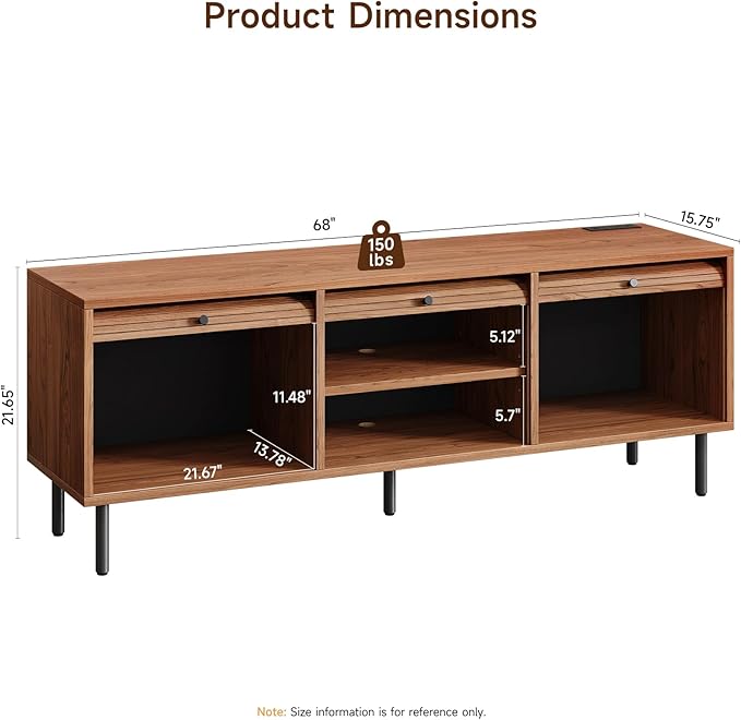 68 Inch TV Stand for TVs up to 75 Inch, Entertainment Center with Power Outlet, Mid-Century Modern TV Console with Storage, Adjustable Shelf & Sliding Doors, TV Stand for Living Room, Walnut