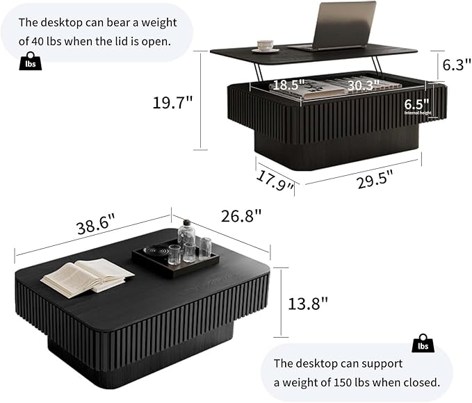 Lift Top Coffee Table with Storage, Solid Wood Coffee Table with Adjustable Height, Fluted Center Table Accent Tea Table for Living Room, Apartment, Office (38.6" Black)