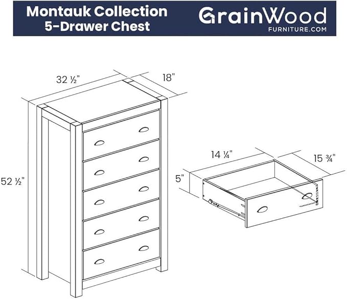 Grain Wood Furniture Montauk 5-Drawer Chest, Solid Wood with a Rustic Walnut Finish