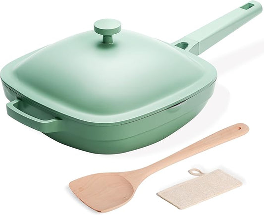 10.5 Inch(3.8QT) Ceramic Pan with Lid,Non Stick Frying Pans Cast Aluminum Deep Sauté Pans,Ti-Ceramic Non Toxic Pix Pan with Wooden Spatula and Scrubber-Mint Haze