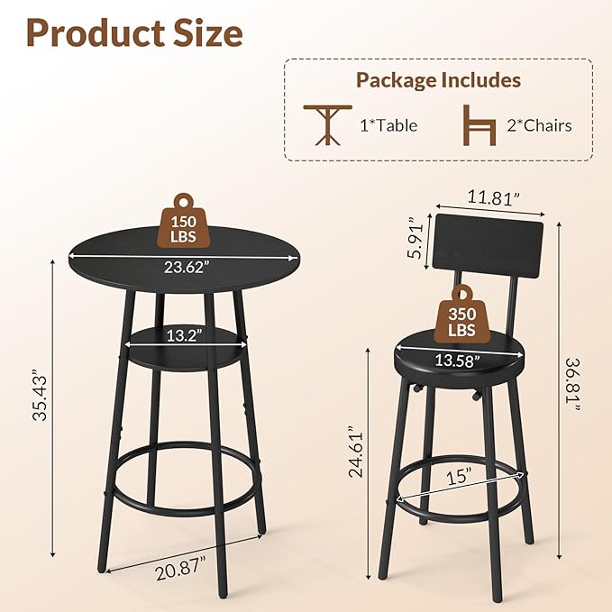 3 Pieces Round Bar Table Set, Small Dining Table for 2, Black Kitchen Bar Table, Breakfast Table with Storage, 2 Thickened Cushion Stools with Backrest for Dining Room & Bistro-Black