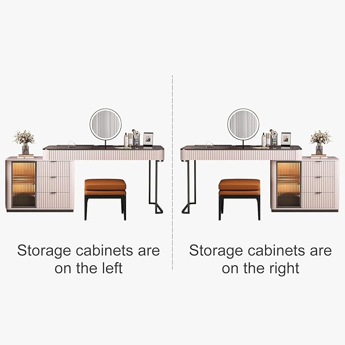 Larits Makeup Vanity with Stool, Very Easy to Assemble, Dressing Table in one, Super Storage with LED Light Vanity Mirror with ash Full Solid Wood upholstered Vanity Stool (Pale Pink, 47 in)