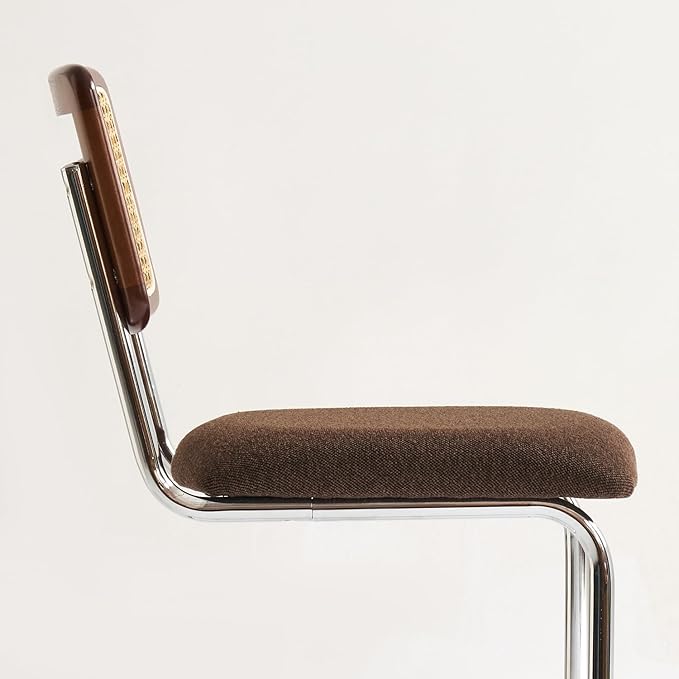 Natural Rattan Counter Height Stools Set of 2 with Solid Wood Back, 29 Inch Mid Century Modern Cesca Bar Stools, Brown Upholstery Boho Stool for Kitchen Counter with Chrome Metal Legs
