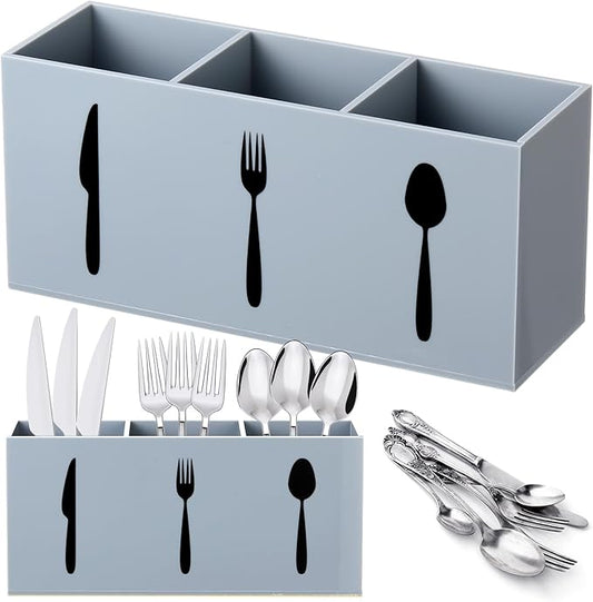 Suzile Acrylic Cutlery Storage Organizer Bin Silverware Caddy Countertop Knife Spoon and Fork Holder Kitchen 3 Section Tableware Storage Box for Cabinet Indoor Home Flatware Dining Room (Gray,M)