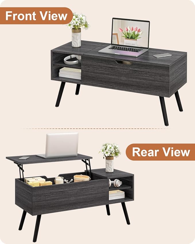 ALINE FURNITURE Gray Coffee Table Lift Top - Dark Grey Wood Coffee Table with Hidden Compartment Storage - 40" Rectangle Coffee Tables for Living Room