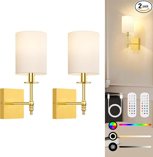 14.5 Inch Wall Sconces Battery Operated Set of 2, Rechargeable Wireless Wall Sconces Lights with Remote, Not Hardwired Dimmable Gold Wall Lamps with White Fabric Shade for Bedroom, 2 Bulbs Included