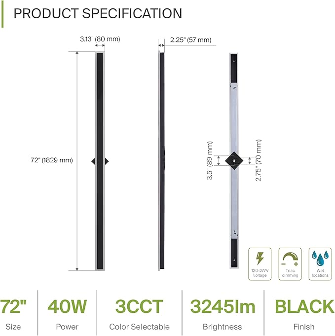 ASD LED 72" Long Wall Mount Light Fixture, Outdoor & Indoor Linear Sconce | 3CCT, Dimmable, Waterproof, Anti-Rust, ETL Listed | 40W 3200LM 3000-5000K 100-277V | Exterior Porch Lighting | Black