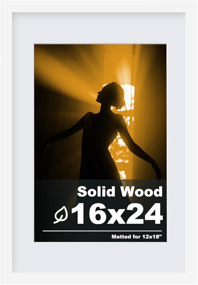 Egofine 16x24 Solid Wood Picture Frame, Made of Solid Wood Covered by Plexiglass 12x18 with Mat 16x24 without Mat, Poster Frame for Wall Mounting Hanging Photo Frame Vertically or Horizontally, White