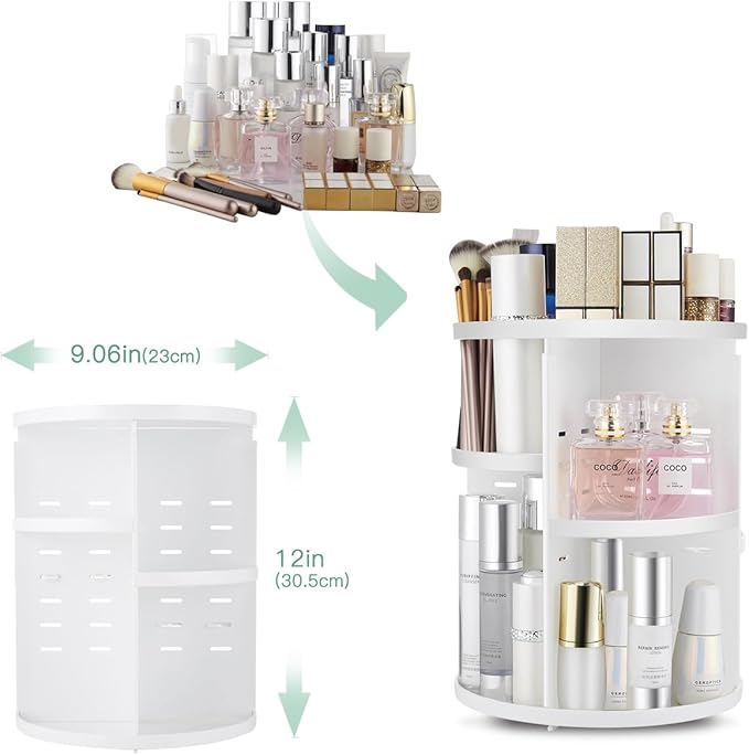 360 Rotating Makeup Organizer,DIY Adjustable Spinning Holder,Foldable Cosmetic Storage Display box,Large Capacity Make up Caddy Shelf,Fits Countertop Vanity and Bathroom (WHITE)