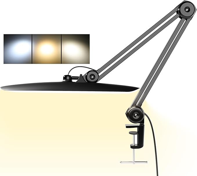 3000 Lumens Adjustable LED Desk Lamp & Task Lamp - Bright, Dimmable Lighting for Office, Crafts, Nails &Salon Hobbies with Clamp (CCT, Black)