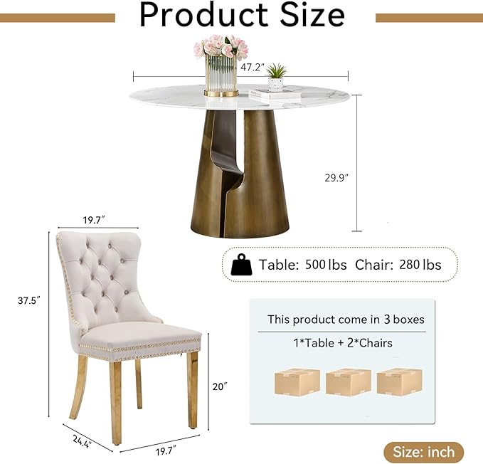 3-Piece Faux Marble Round Dining Table Set for 2, Modern Luxury Kitchen Table Set for 2 with Beige Tufted Chairs,Circle Dining Tables with White Marble Grain Top and Bronze Pedestal Base