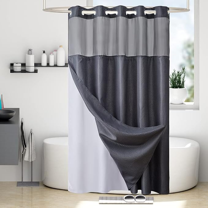 Furlinic No Hook Waffle Weave Shower Curtain with Snap in Fabric Liner Set,Heavy Duty Textured Bathroom Curtain with See Through Window,Waterproof & Machine Washable,Dark Grey,71x75 Inch