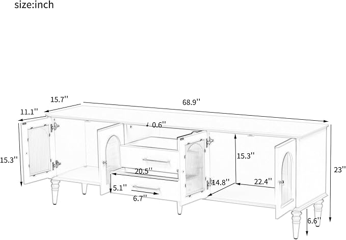 Merax 68.9'' TV Stand for TVs up to 75 Inches, Entertainment Center Media Console Table with Storage Cabinet, Fluted Glass Doors, Wood Legs for Living Room