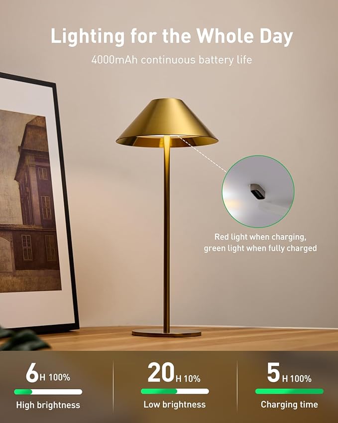 Bojim Gold Cordless Lamp Set of 2, Rechargeable Touch Table Lamps with 3 Color Dimming, Portable Wireless Lamps for Reading/Home Decor