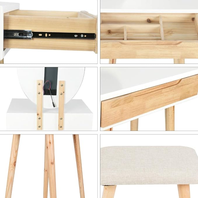 YOURLITE Makeup Vanity Table Set with 3 Modes Adjustable Lighted Mirror Cushioned Stool, Dressing Table for Small Space