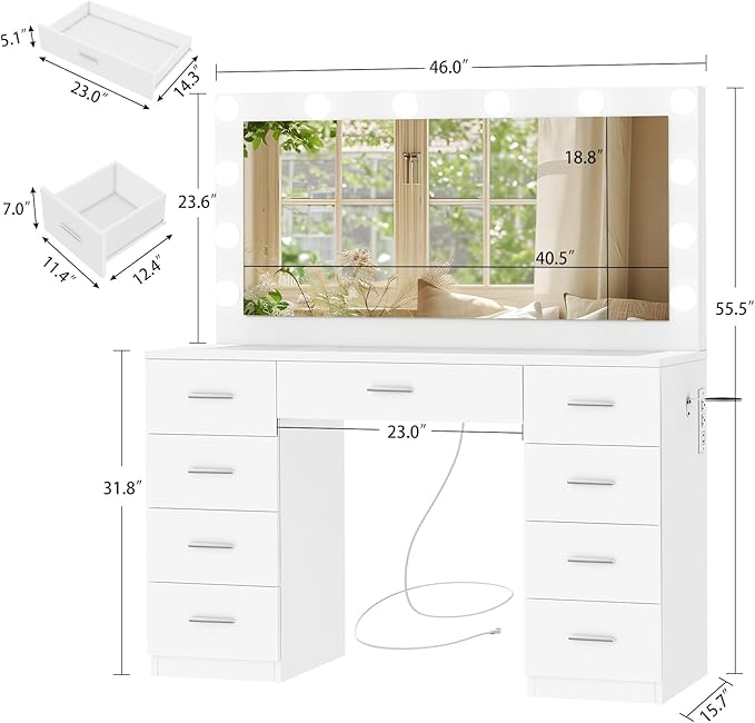 Quimoo Vanity Desk with Large Lighted Mirror and Power Outlet, 46" Makeup Vanity with 9 Drawers and Glass Desktop, Vanity Table with 12 LED Lights, 3 Lighting Color Adjustable, White