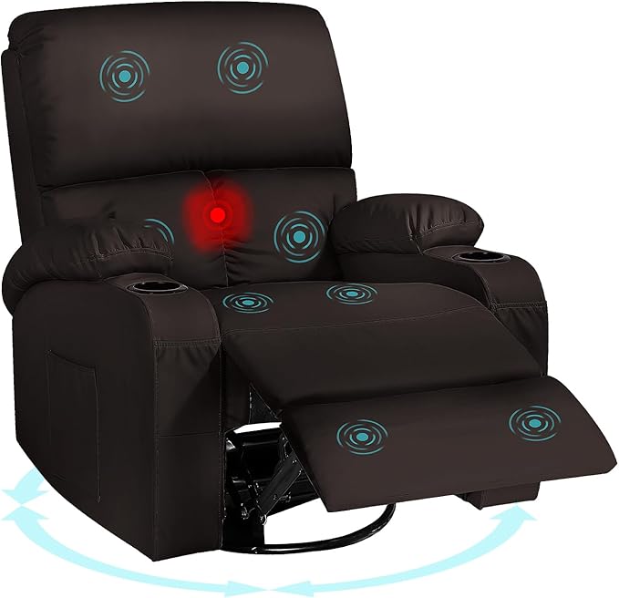 LEVELEVE Rocking Recliner Chair, Massage Rocker Recliner Chair with Vibration Massage and Heat,360° Swivel Recliner Chairs, Living Room, Bedroom, Nursery, RV, Brown