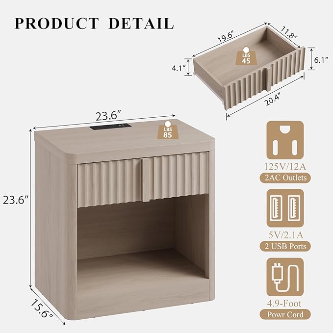 Fluted Nightstand Set of 2 with Charging Station, 23.6" Wood End Table with Solid Wood Handle, Curved Profile Design, Mid Century Moden Bedside Table for Bedroom, Living Room, Natural Oak