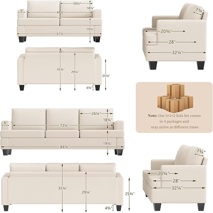 Furnimart Sectional Couches for Living Room, Modern 2 Loveseats and 3 Seater Couch, CreamDeep Seat Sofa Set, Beige Linen Sectional Sofa, Comfy Fluffy Couch with Removable Sofa Cover
