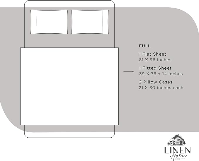 Linen Home 100% Cotton Percale Sheets Full Size, Silver, Deep Pocket, 4 Pieces Set - 1 Flat, 1 Deep Pocket Fitted Sheet and 2 Pillowcases, Crisp Cool and Strong Bed Linen