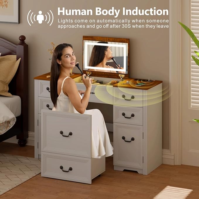 Farmhouse Vanity Desk with Flip up Vanity Mirror and Lights,Rustic Makeup Vanity with Charging Station and Hidden Drawer,Vanity Table Set with Drawers/6-Compartment/Cabinets,White