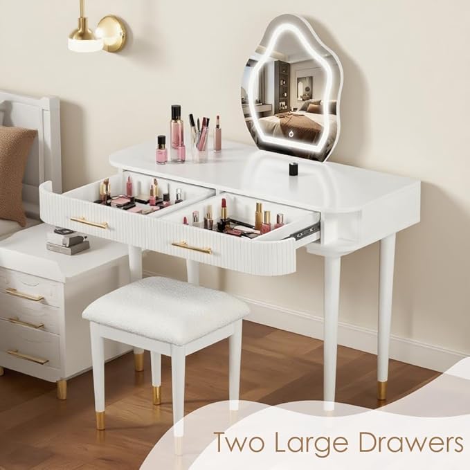 40" Modern Vanity Table Set with Mirror and Lights, Dressing Table and Cushioned Stool Set with 2 Large Drawers, Modern Makeup Table for Bedroom,Makeup Room