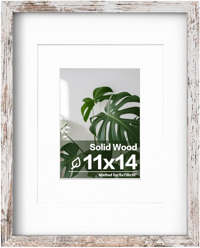 Egofine 11x14 Picture Frame Rustic White - Photo Frame Made of Solid Wood Covered by Plexiglass for Table Top Display Pictures 5x7/8x10 with Mat or 11x14 Without Mat - with Wall Mounting Hardware