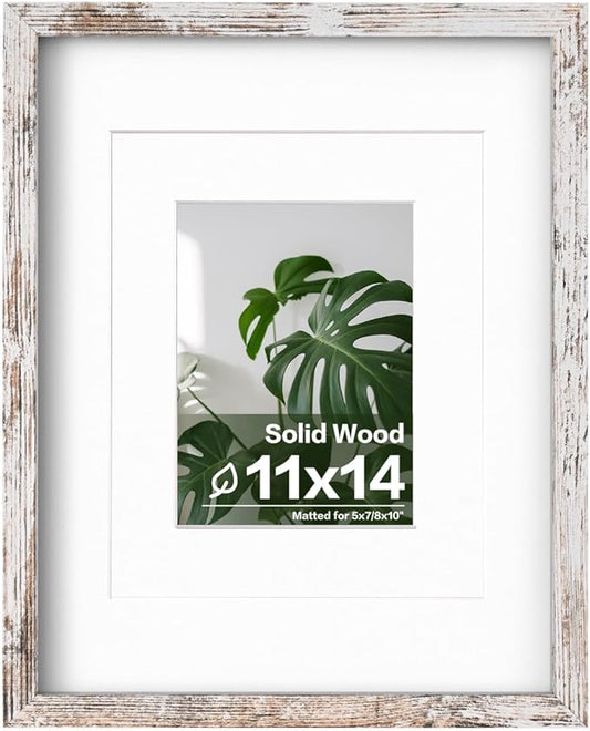 Egofine 11x14 Picture Frame Rustic White - Photo Frame Made of Solid Wood Covered by Plexiglass for Table Top Display Pictures 5x7/8x10 with Mat or 11x14 Without Mat - with Wall Mounting Hardware