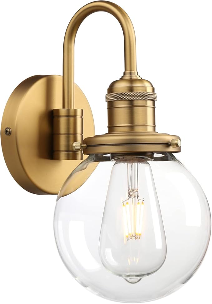 Industrial Vintage Gooseneck Wall Sconce 1-Light with 5.9” Round Clear Glass Globe Shade Indoor Wall Mounted Lamp Fixture