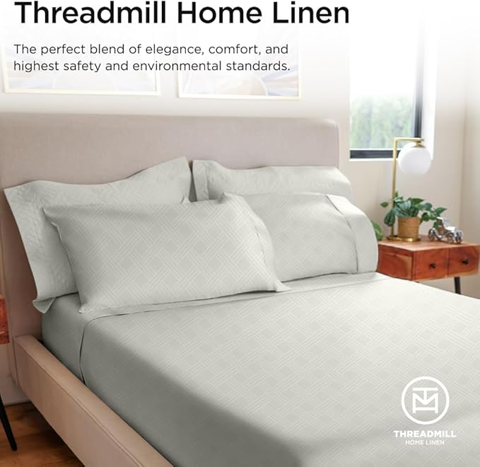 Threadmill Luxury Full Size Sheets for Full Size Mattress | 800 Thread Count Cotton Sheets | Jacquard Celine Light Grey | Better Than Egyptian Cotton| 4 Pc Bed Sheets | with Elasticized Deep Pocket