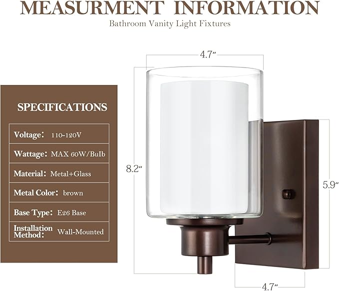 3 Pack Bath Vanity Light Fixtures 1-Light, Indoor Oil Rubbed Bronze Wall Light with Dual Glass Shade, Farmhouse Bathroom Wall Scone, Vintage E26 Bese Wall Mount Lighting