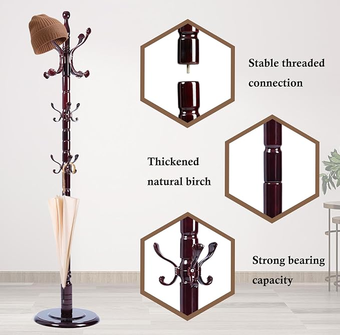 Coat Rack Stand, Solid Wooden Coat Tree with 14 Hooks, Heavy Duty Coat Rack Freestanding with Sturdy Round Base, Natural Birch Wood Coat Hanger Stand for Entryway Bedroom (Ruyi)