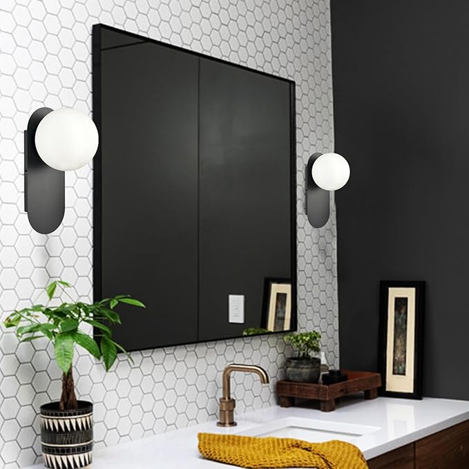 HOLKIRT Black Wall Light Fixture Mid Century Globe Wall Sconce with White Opal Glass for Living Room Bedroom Bathroom Entryway