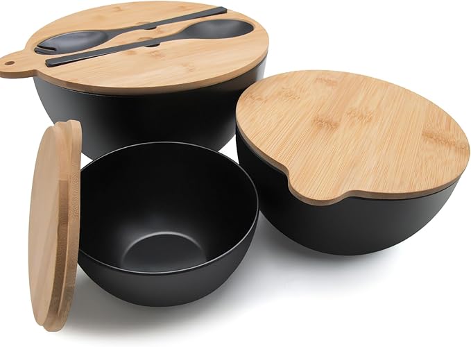 Salad Bowls Set of 3 with Seal Lid & Serving Utensils, Bamboo Fiber Mixing Bowls Set Large Serving Bowls & Storage Set with Bamboo Lid for Salad, Kitchen Eating, Pasta, Popcorn, Fruit, Black