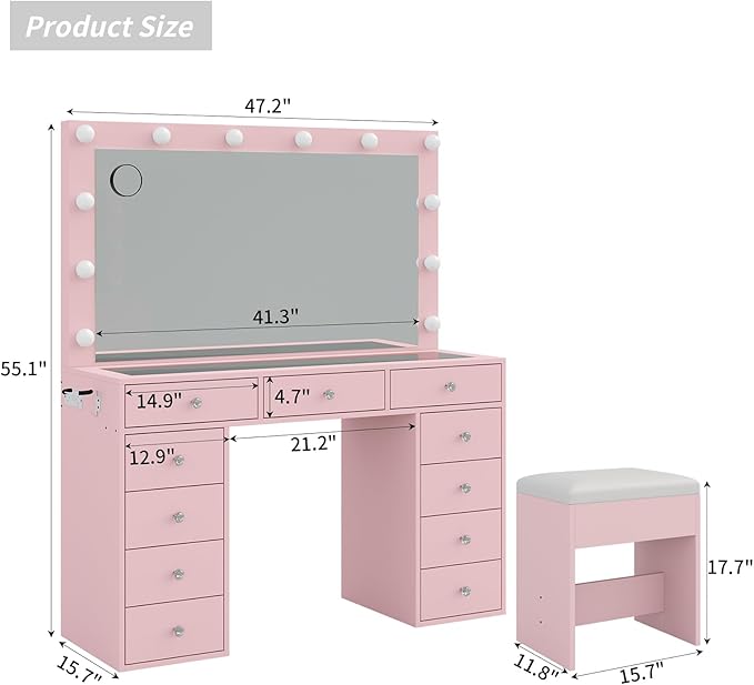 11 Drawers Vanity Desk with Power Outlet, Makeup Vanity with Mirror and 12 LED Lights, 3 Lighting Modes, Glass Top, Dressing Table for Bedroom, Pink