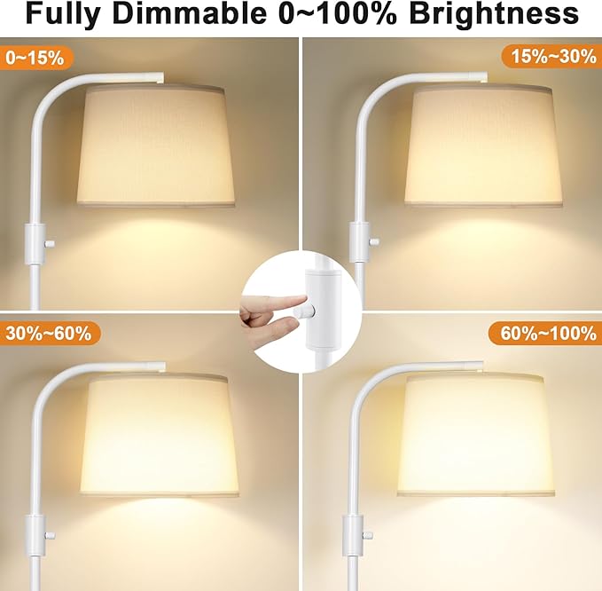 Ambimall Fully Dimmable Floor Lamp - Floor Lamps 9W LED Light Bulbs, Standing Lamps for Living Room with Adjust Head, Modern Standing Light Rotary Switch, Tall Lamp for Bedroom(White and White)