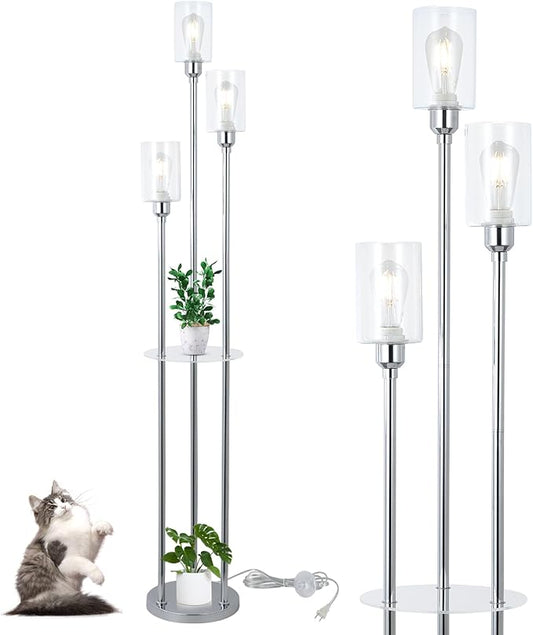 HMVPL Modern Floor Lamps for Living Room, Silver Floor Lamp for Bedroom with Acrylic Shelves, 3-Light Chrome Standing Lamp with Glass Shades, On/Off Foot Switch, Tall Lamp for Corner Office (66")