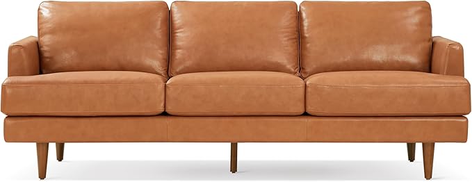 Valencia Grosseto 87” Cognac Tan Brown 3 Seater Full Leather Sofa | Mid Century Italian Nappa Leather Couch for Living Room Furniture | Double Stitched Seams, Removable Cushions